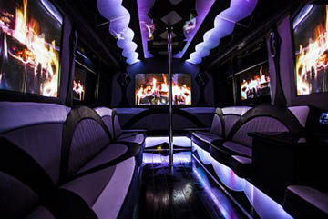 LED lighting and flat panels TVs on a limo bus